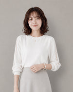 立体縦柄レース切り替え長袖Tシャツ-ホワイト-3XL