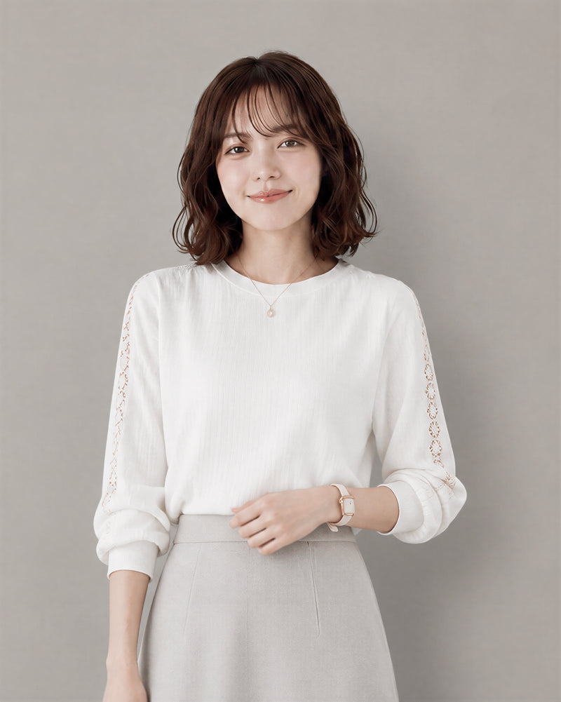 立体縦柄レース切り替え長袖Tシャツ-ホワイト-3XL