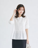 M~2XL ホワイト 透かし柄 襟付き ゆったり長袖シャツ