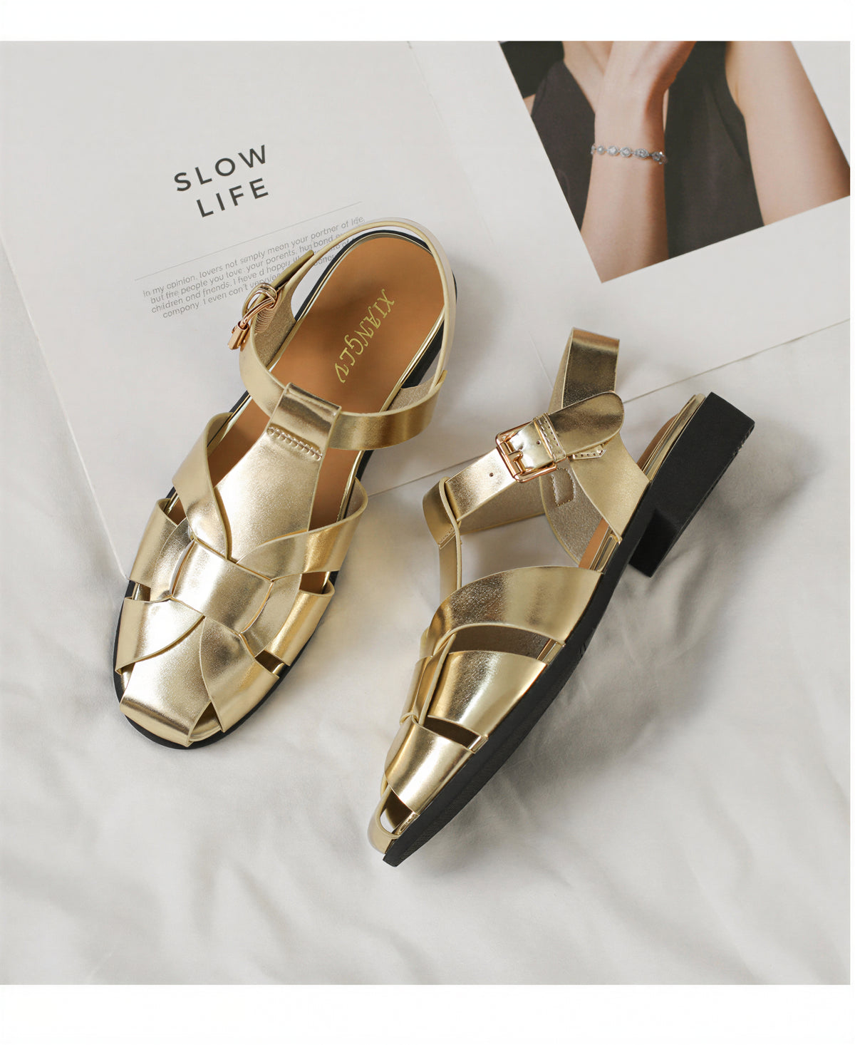 クロス編み スクエアトゥ オープントゥ 編み込みサンダル-ゴールド-42
