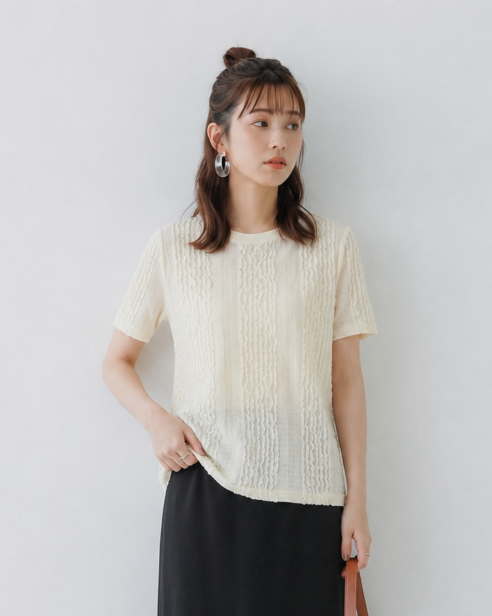 立体プリーツテクスチャー クルーネック スリムフィット 半袖Tシャツ