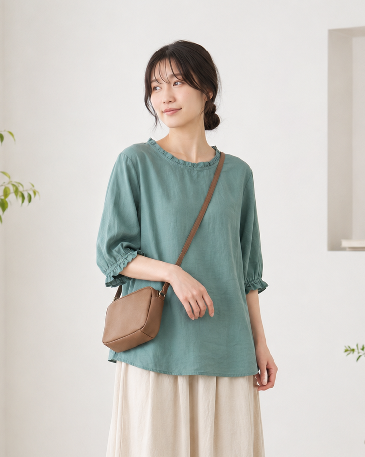 メローフリル襟 ラウンドネック ゆったりTシャツ