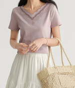 カットワークレースVネック 半袖ストレートTシャツ