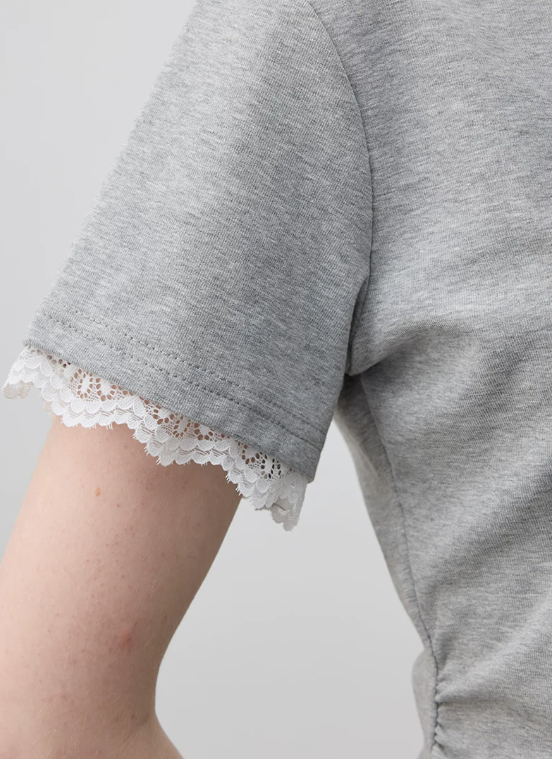 バックオープン リボン結び レース切替 クルーネック 半袖Tシャツ
