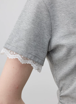 バックオープン リボン結び レース切替 クルーネック 半袖Tシャツ
