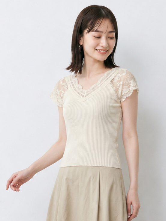 レースVネック 細リブ フィット 見せ肩 半袖Tシャツ