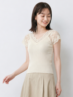 レースVネック 細リブ フィット 見せ肩 半袖Tシャツ