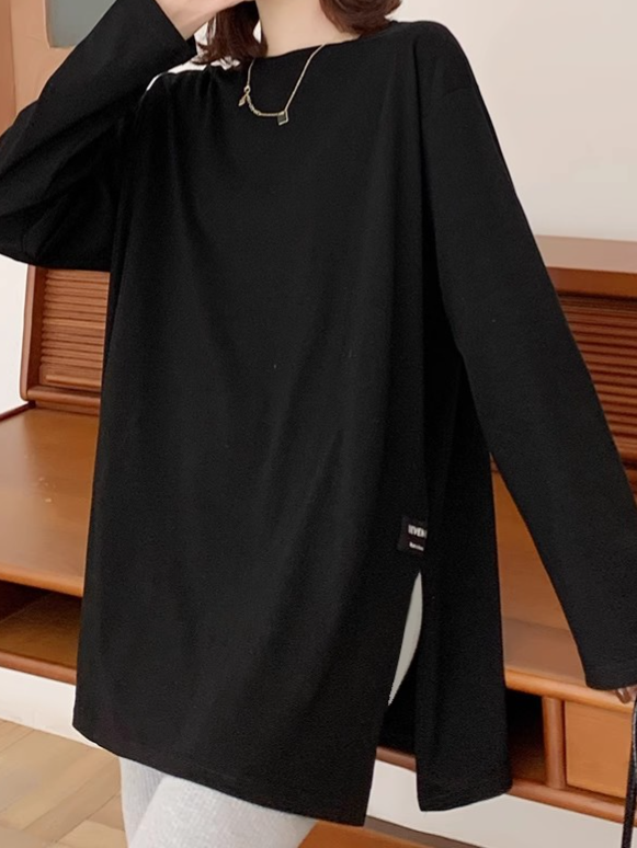 【秋新作】【全2色】S~2XL ゆったりドロップショルダー スリット入り長袖Tシャツ