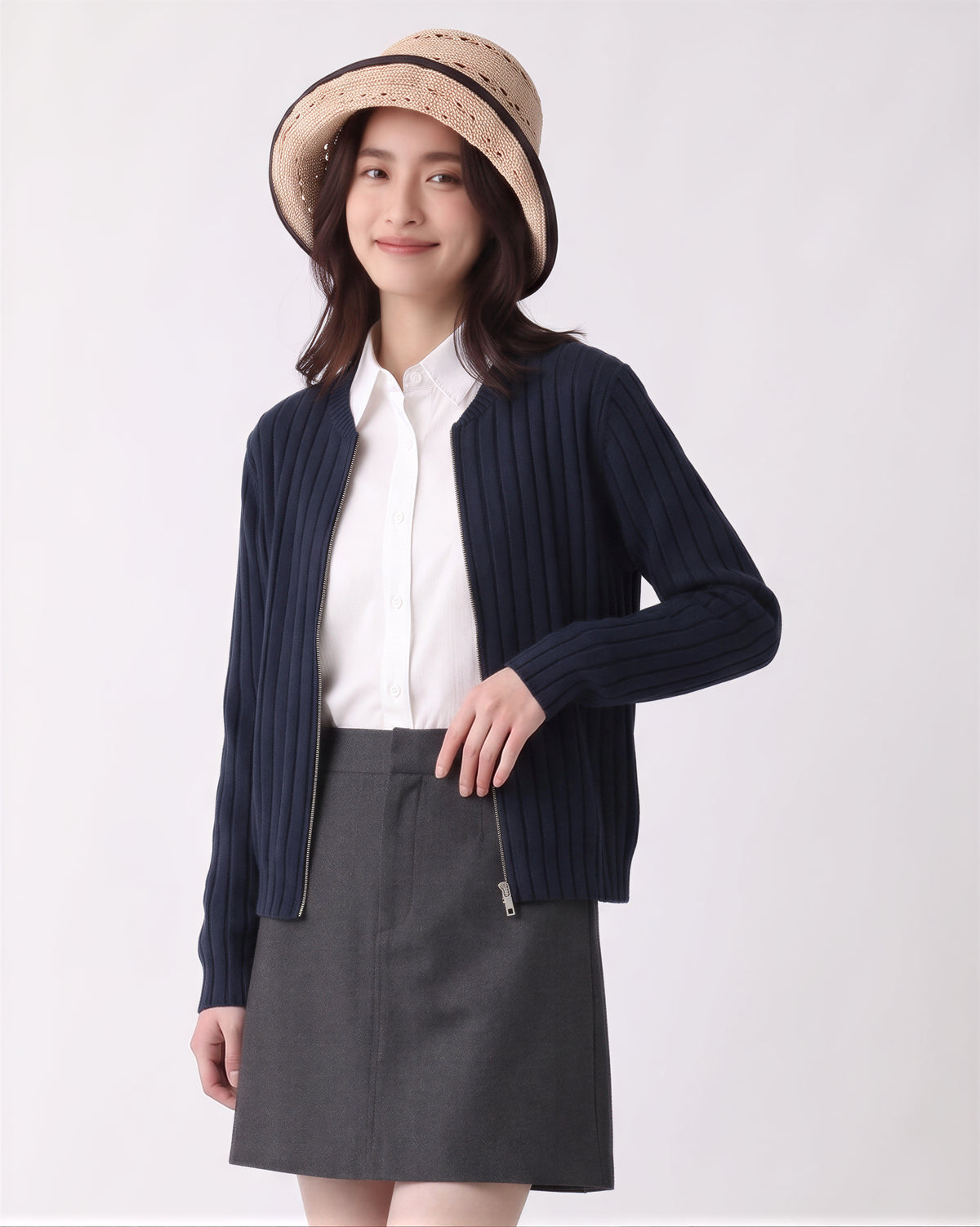 【秋新作】【全2色】S~2XL 縦リブ スリムフィット ショート丈 ニットカーディガン