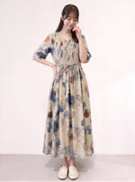 M~2XL ライトベージュ Vネック ウエストリボン 花柄ロングワンピース
