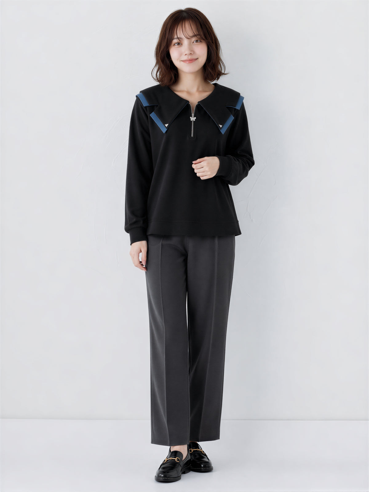 M~4XL ジップVネック フリル フェイクレイヤード スウェット