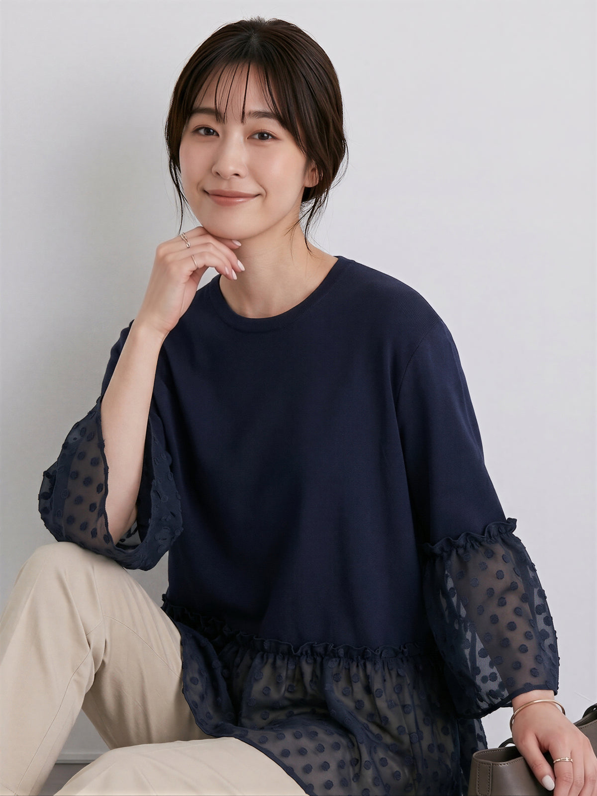 切り替えフリルヘム ドットシアーTシャツ