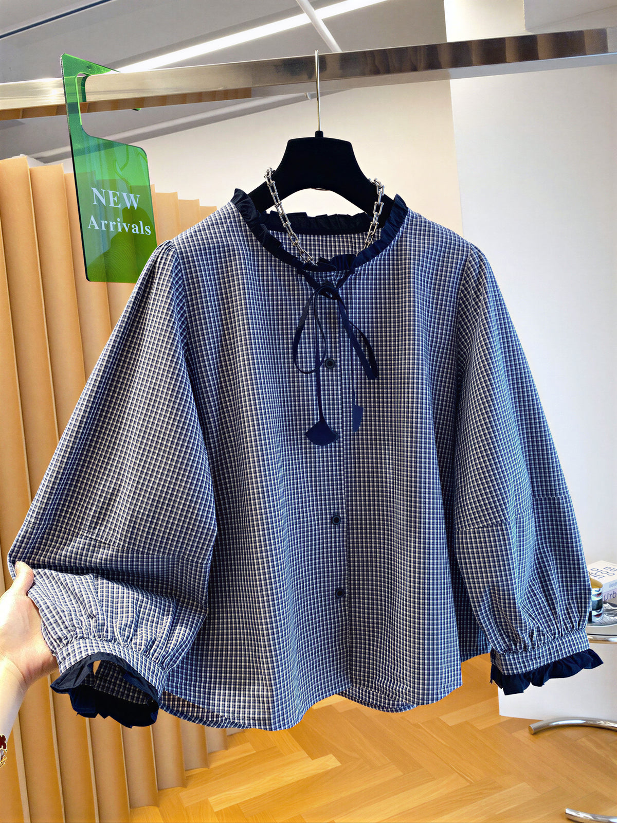 【秋新作】S~2XL フリルネックリボン付きチェックシャツ