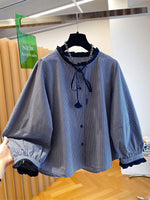 【秋新作】S~2XL フリルネックリボン付きチェックシャツ