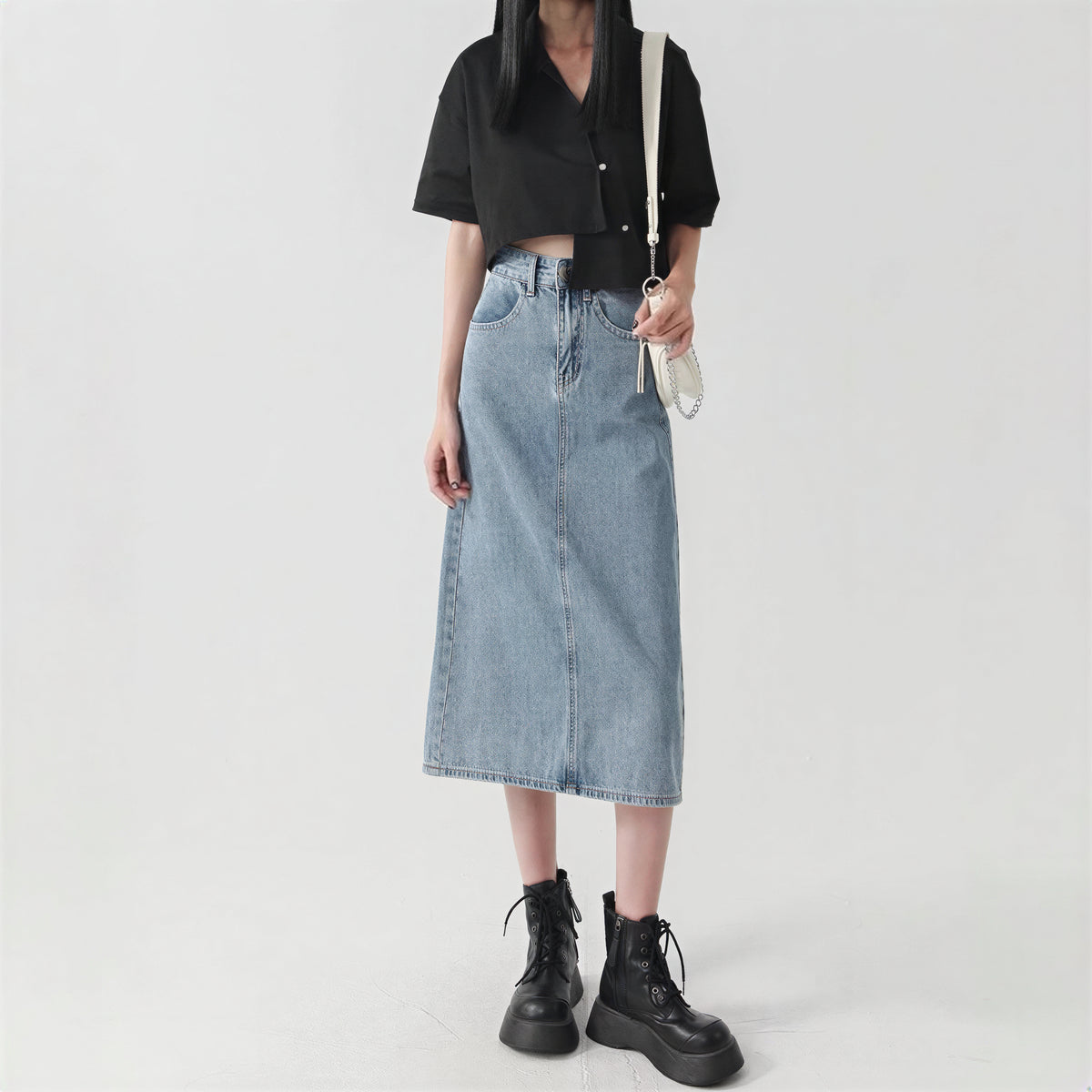 ハイウエスト ストレート スリット デニムスカート