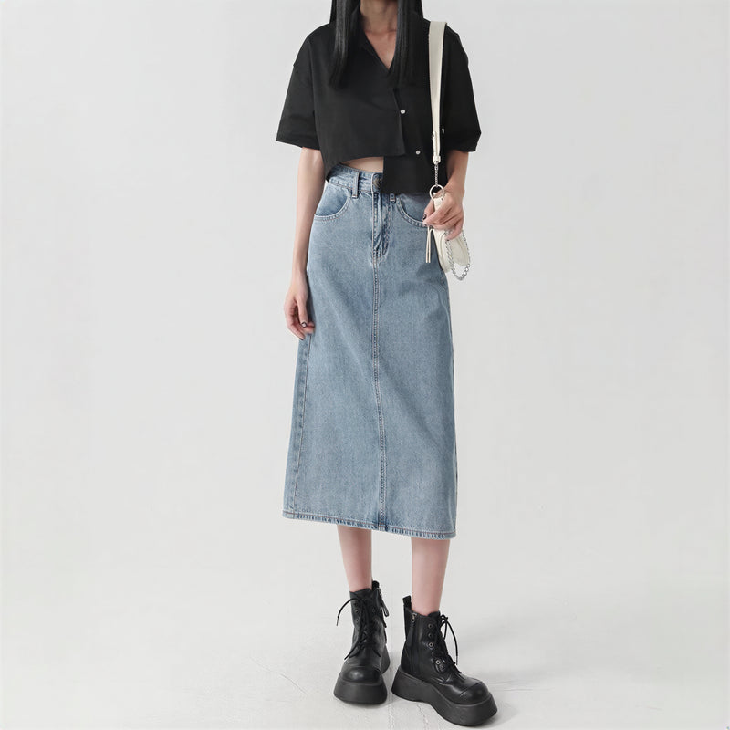 ハイウエスト ストレート スリット デニムスカート