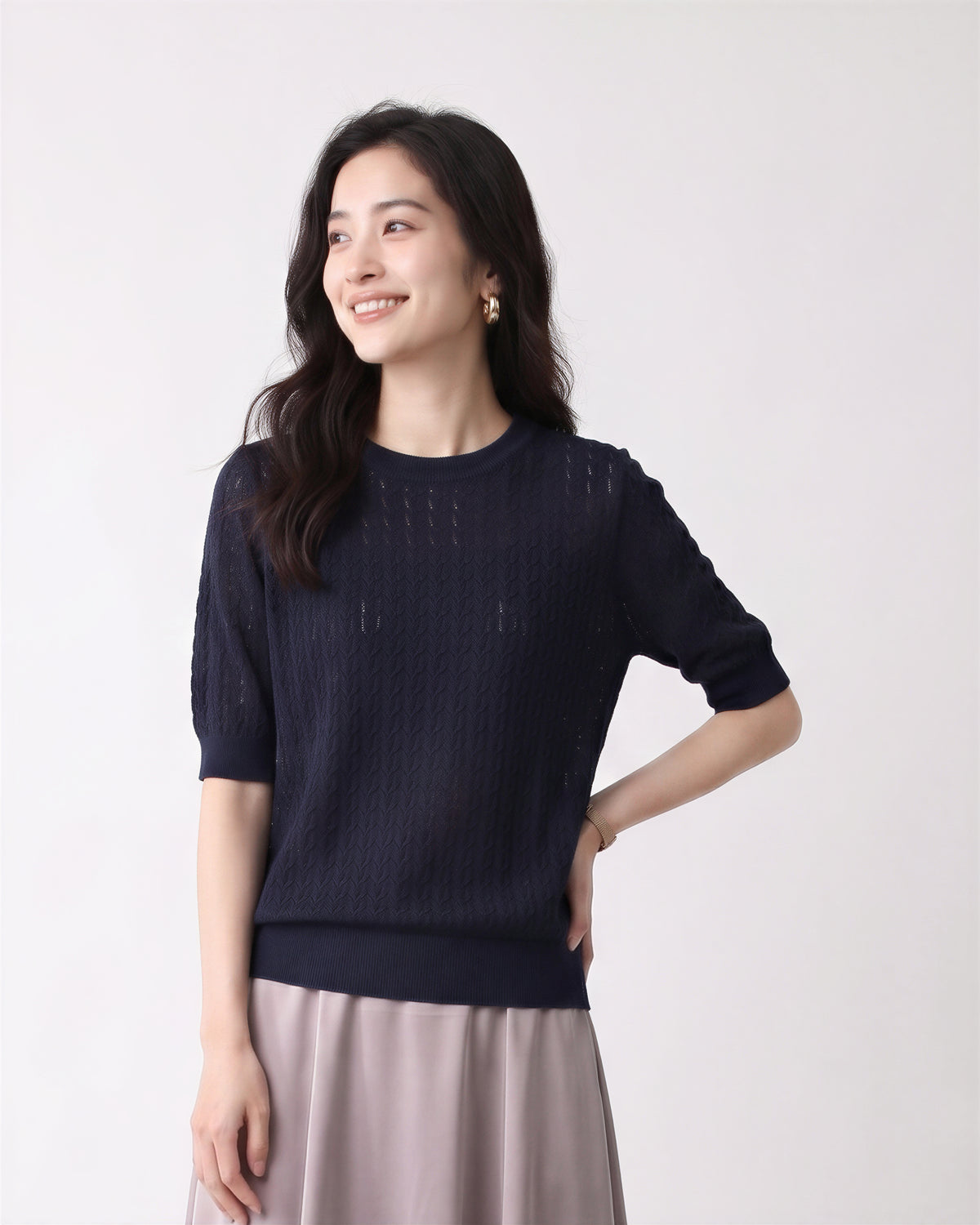 透かしジャカード クルーネックニット-ダークネイビー-XL