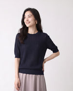 透かしジャカード クルーネックニット-ダークネイビー-XL