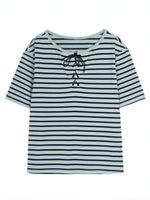 ボーダー リボン付き クルーネック 半袖Tシャツ