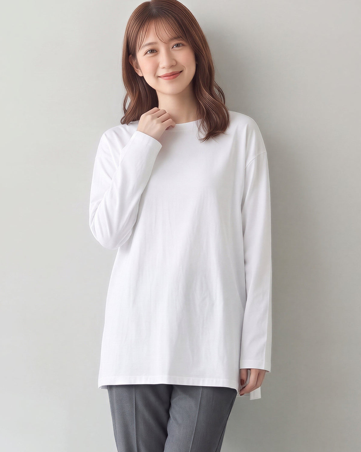 【秋新作】【全2色】S~2XL ゆったりドロップショルダー スリット入り長袖Tシャツ