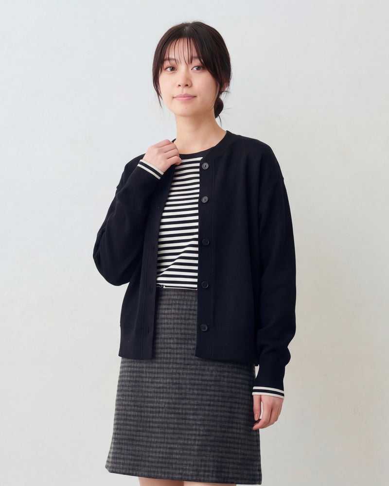 クルーネック ボタンフロント シンプルショート丈スタジャン-ブラック-L