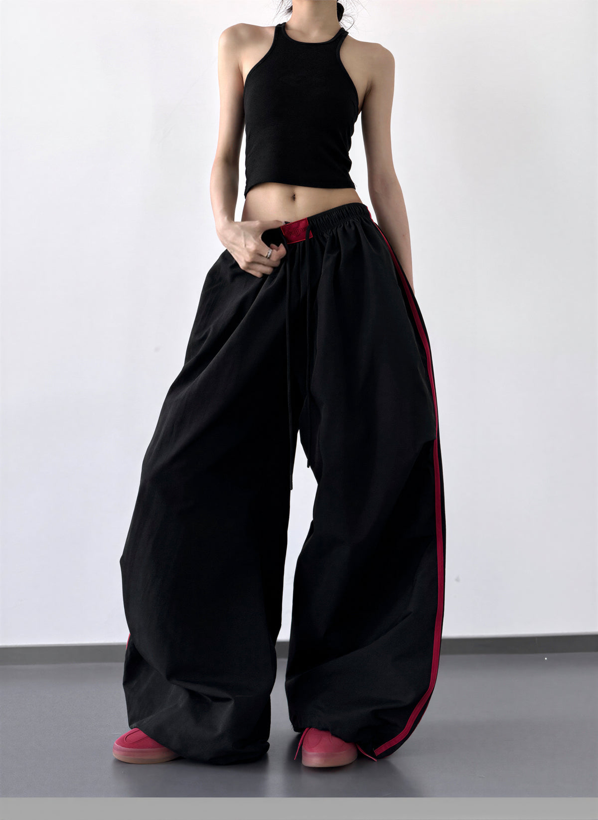 S-XL ドローストリング付きウエストゴム 配色ステッチワイドパンツ