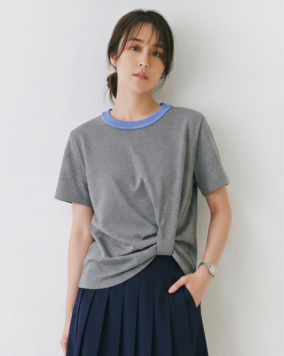 配色クルーネック サイドツイスト 半袖Tシャツ