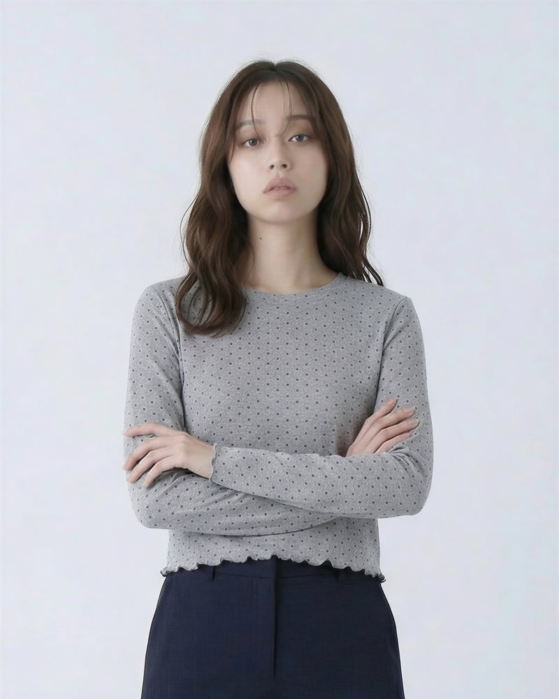 小粒ドット メローフリル付き クルーネック 長袖Tシャツ
