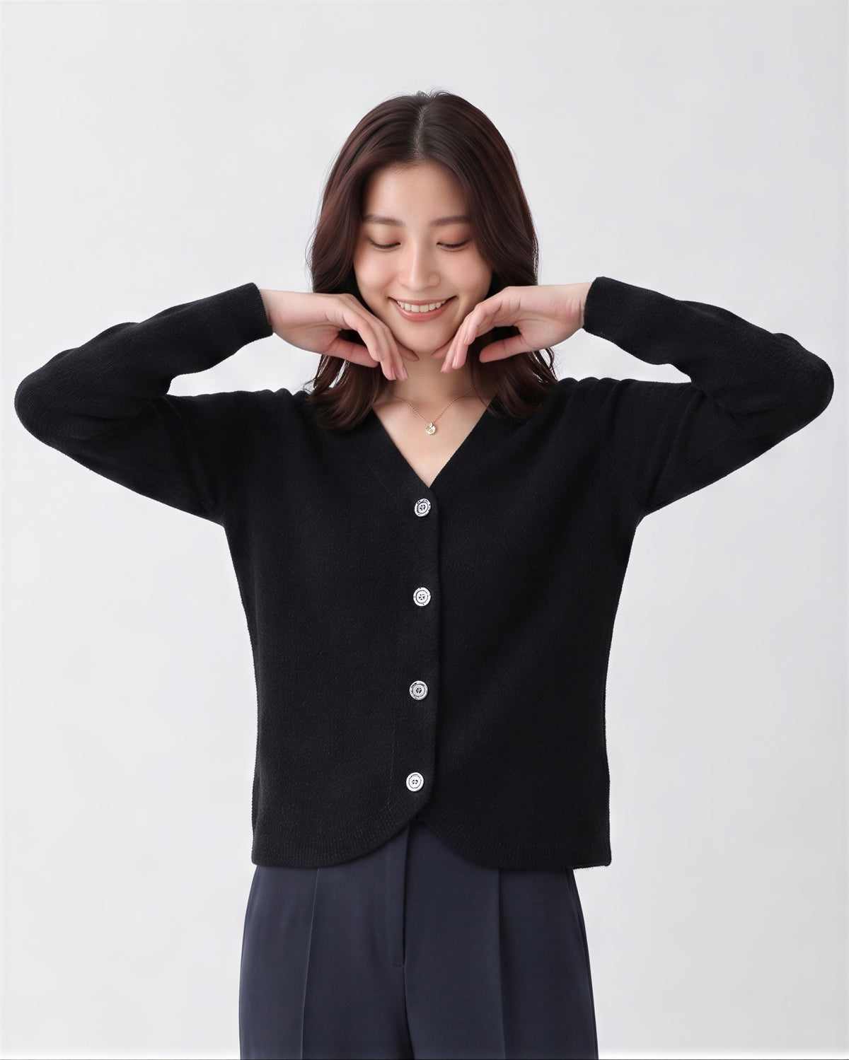 【全2色】S-2XL Vネック ラウンドヘム ゆったりニットカーディガン