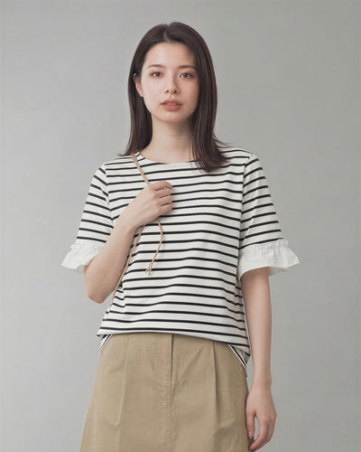 マリンボーダー フリル袖 ゆったり半袖Tシャツ-ホワイト X ネイビー-XL