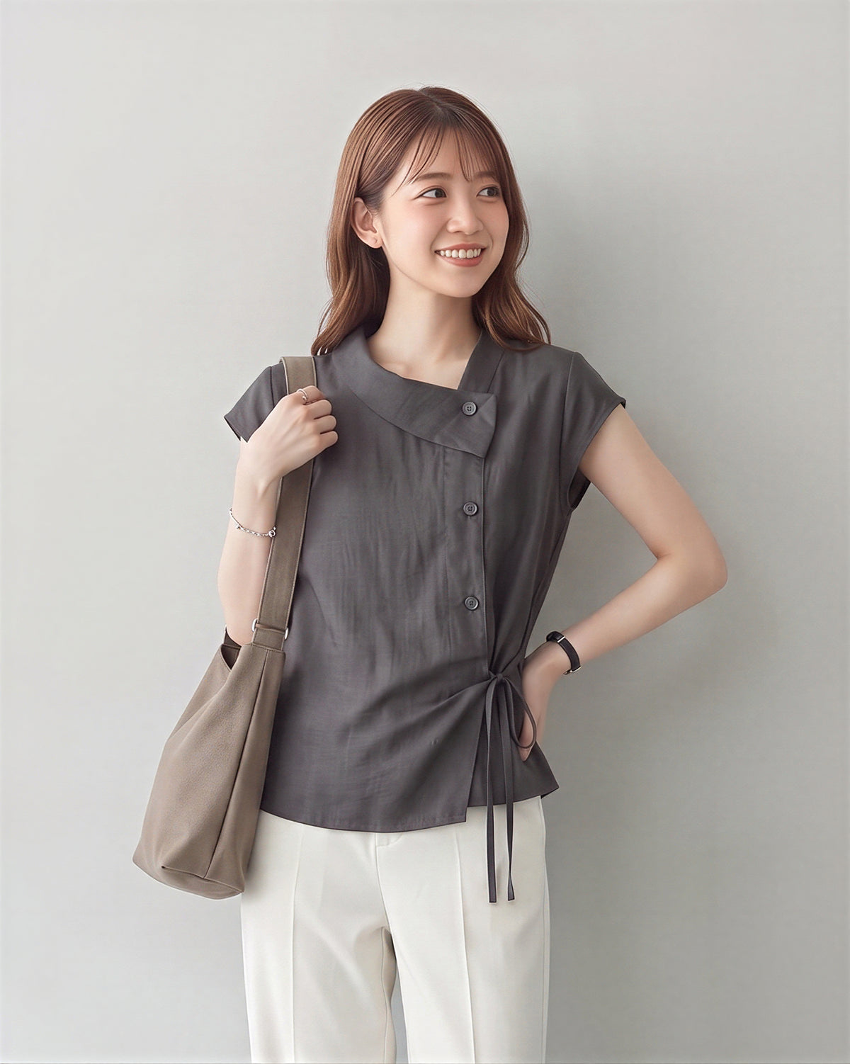 アシンメトリーカシュクール リボン付きノースリーブトップス-スモークグレー-2XL