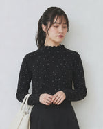【全2色】S~XL メローフリルハイネックドットTシャツ