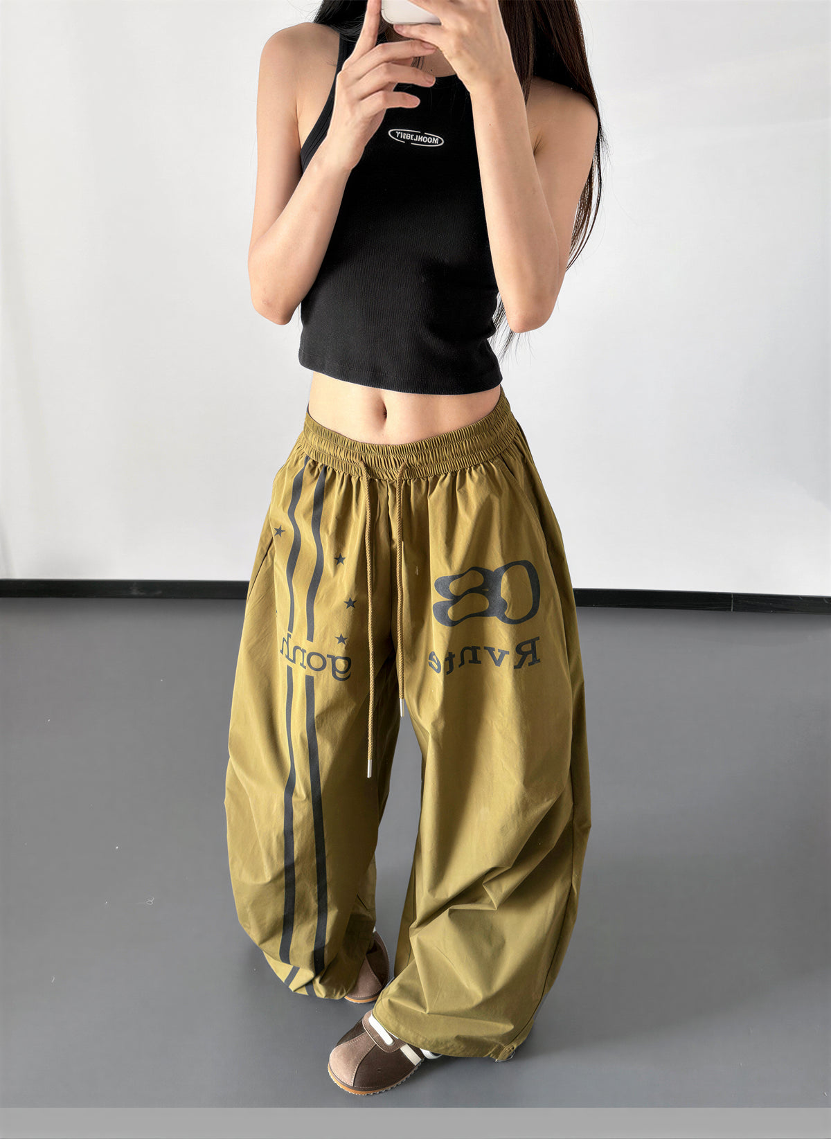 ドローストリング ハイウエスト ワイドシルエットパンツ
