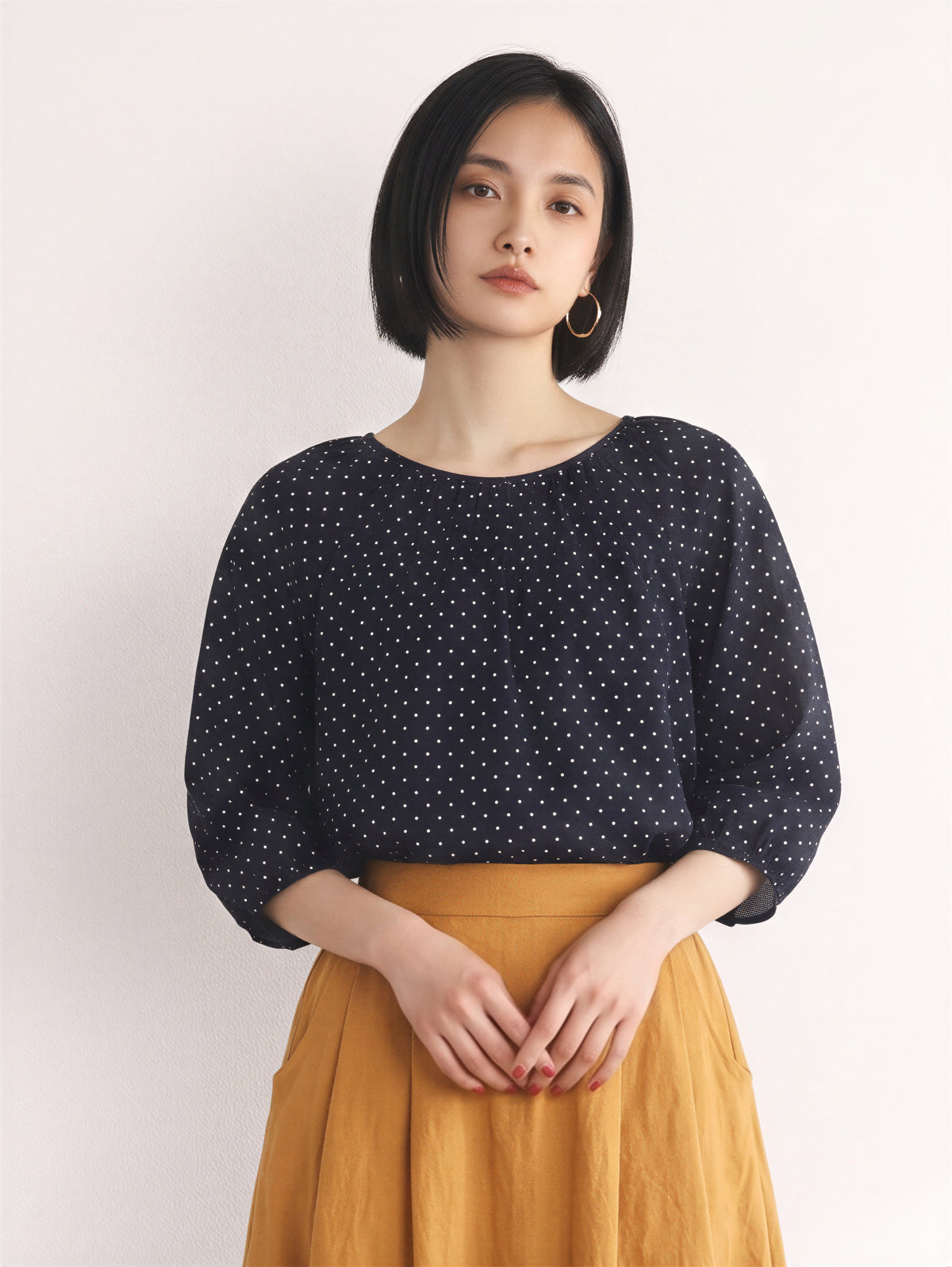 M-2XL ネイビードット ギャザー入り ゆったりブラウスXL