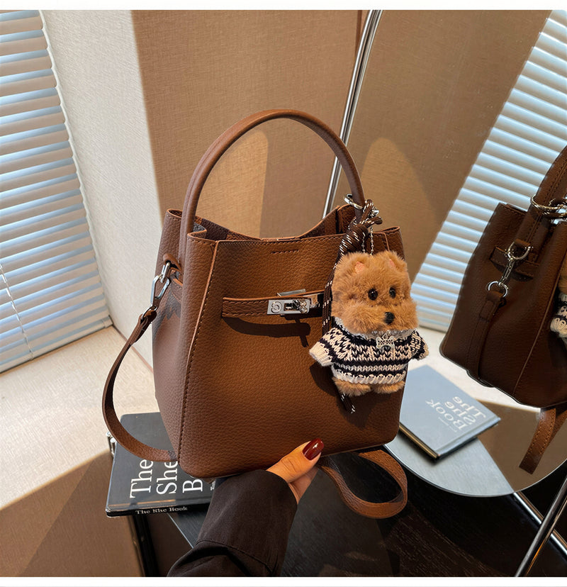 シュリンク風ロック金具付き2WAYバケットバッグ-ブラウン-FREE