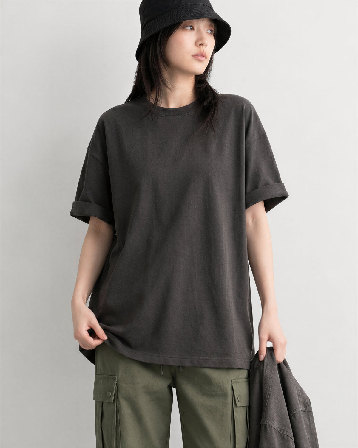 半袖Tシャツ ゆったりシルエット ミドル丈 カジュアル ドロップショルダー コットン