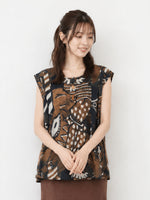 M~2XL ゆったりAライン裾 プリントノースリーブシャツ