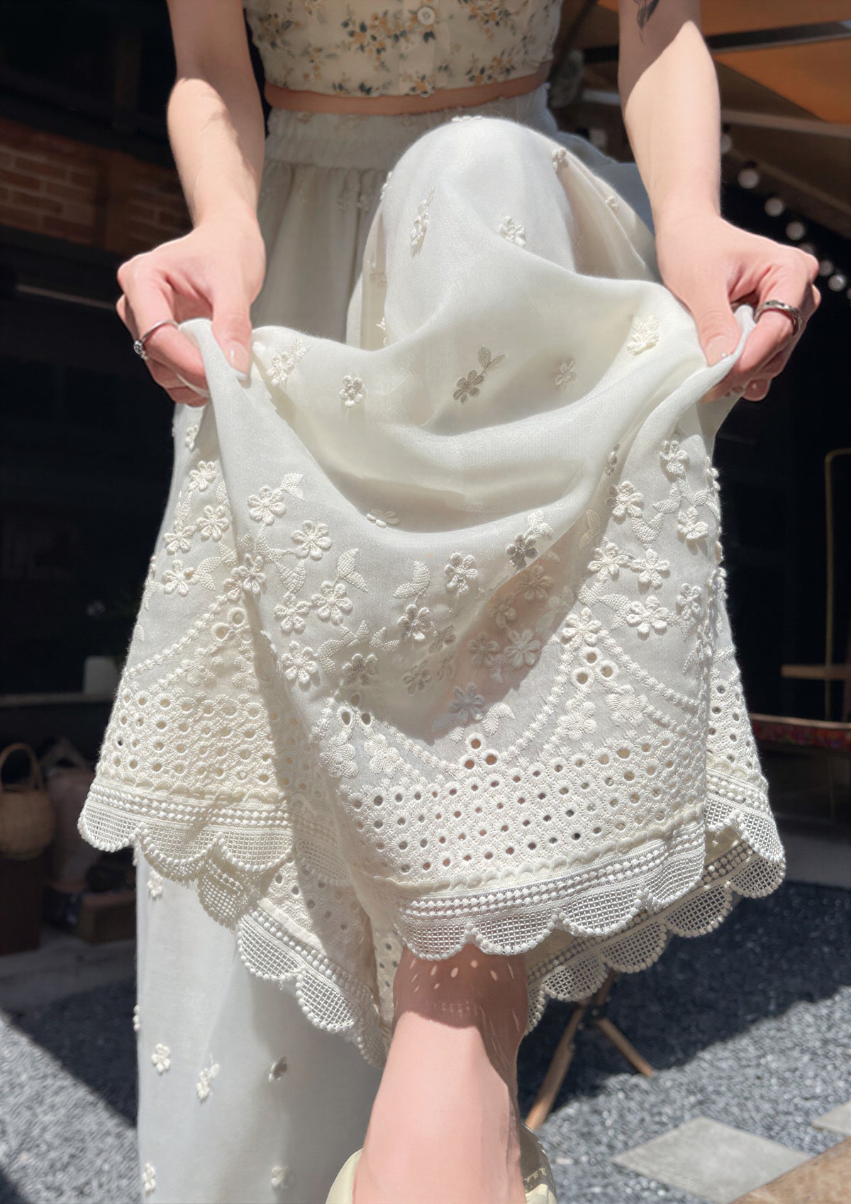 刺繍レース ハイウエスト ワイドパンツ