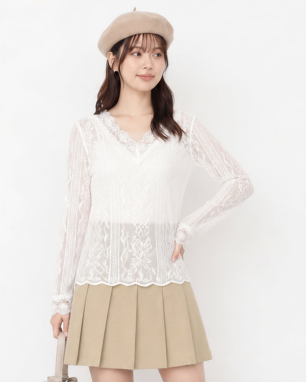 M~4XL Vネック まつげレース スリムレーストップス