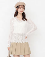 M~4XL Vネック まつげレース スリムレーストップス