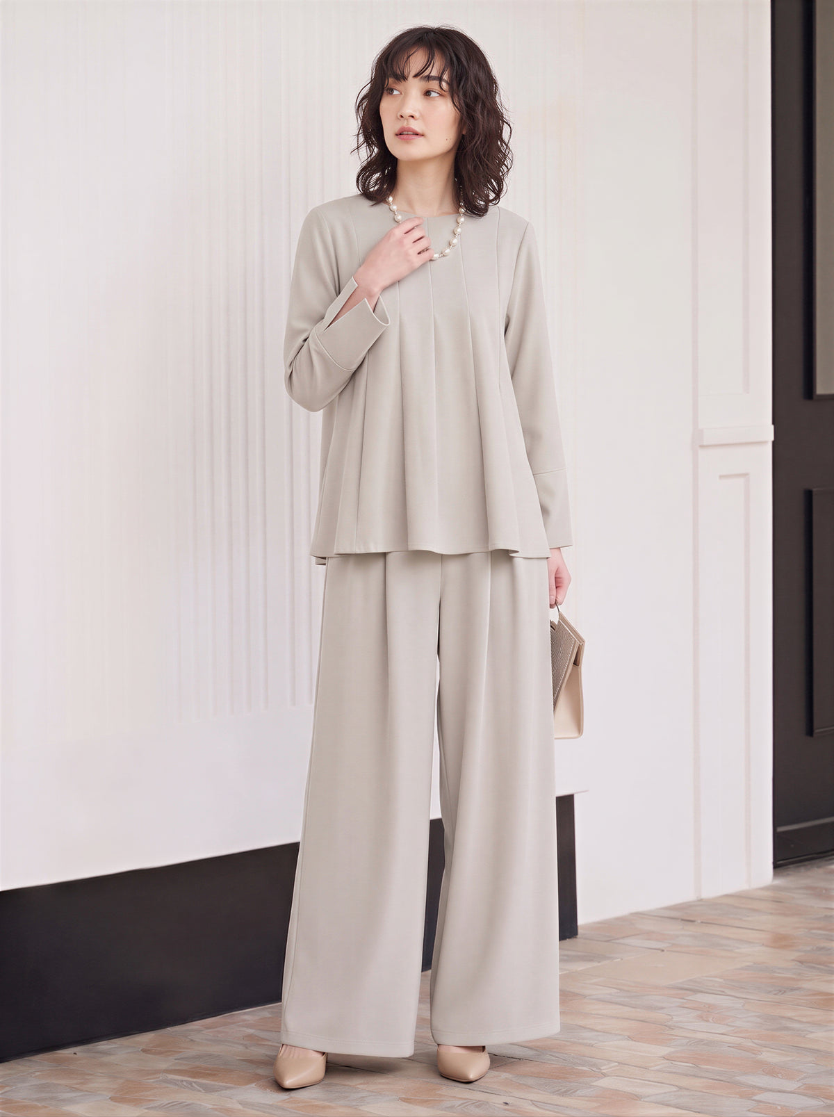 【秋新作】【全2色】S~2XL 立体プリーツライン ゆったりトップス＆ワイドパンツ 2点セット