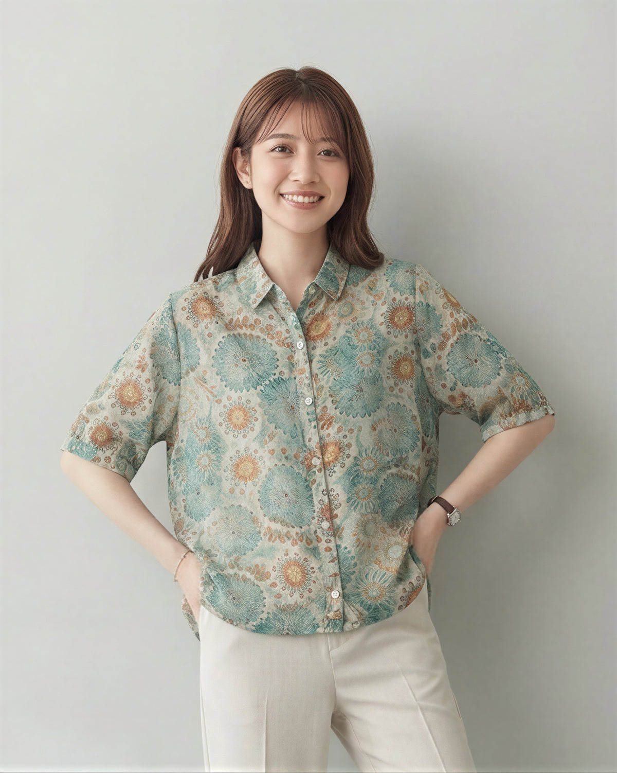 ブルー×オレンジプリント ルーズフィット 開襟シャツ-ブルー X オレンジ-2XL