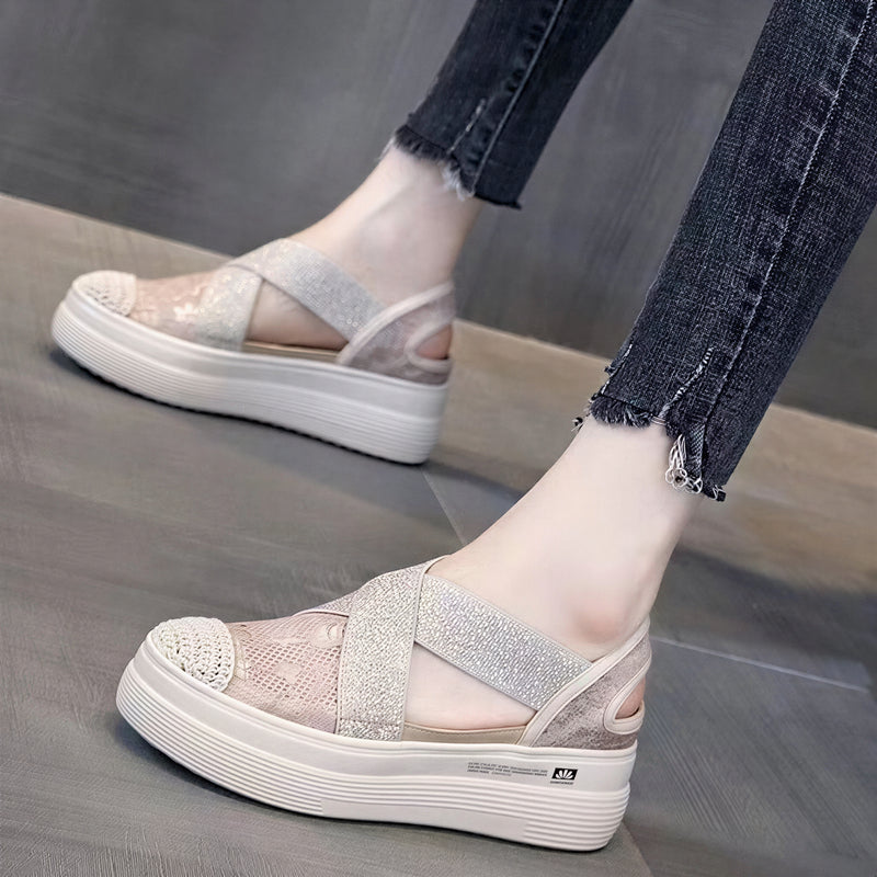 クロスストレッチ 厚底トゥカバーサンダル-ベージュ-40