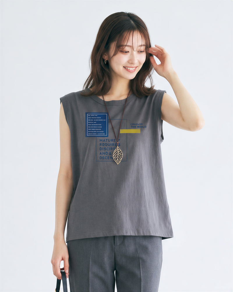 M~5XL ゆったりストレートシルエット プリントノースリーブタンクトップ