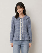 S-XL ライトブルーチェックのドールカラーウエストシェイプシャツ