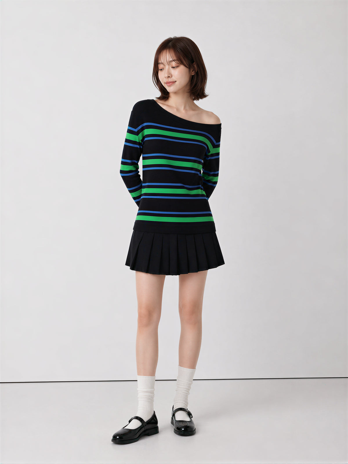 S~XL オフショルダーボーダースリムTシャツ