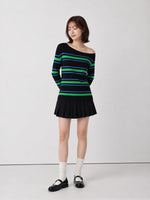 S~XL オフショルダーボーダースリムTシャツ