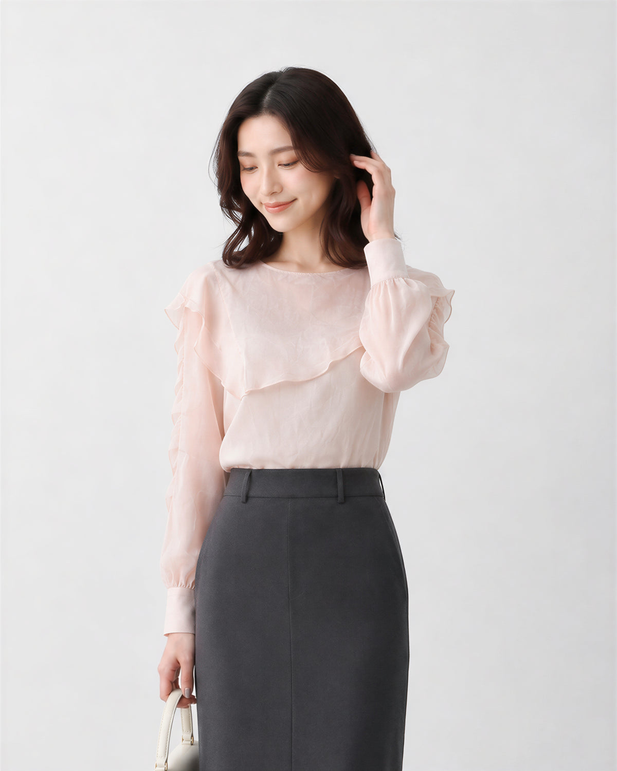 M~4XL ラッフルティアード ギャザースリーブブラウス