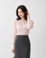 M~4XL ラッフルティアード ギャザースリーブブラウス