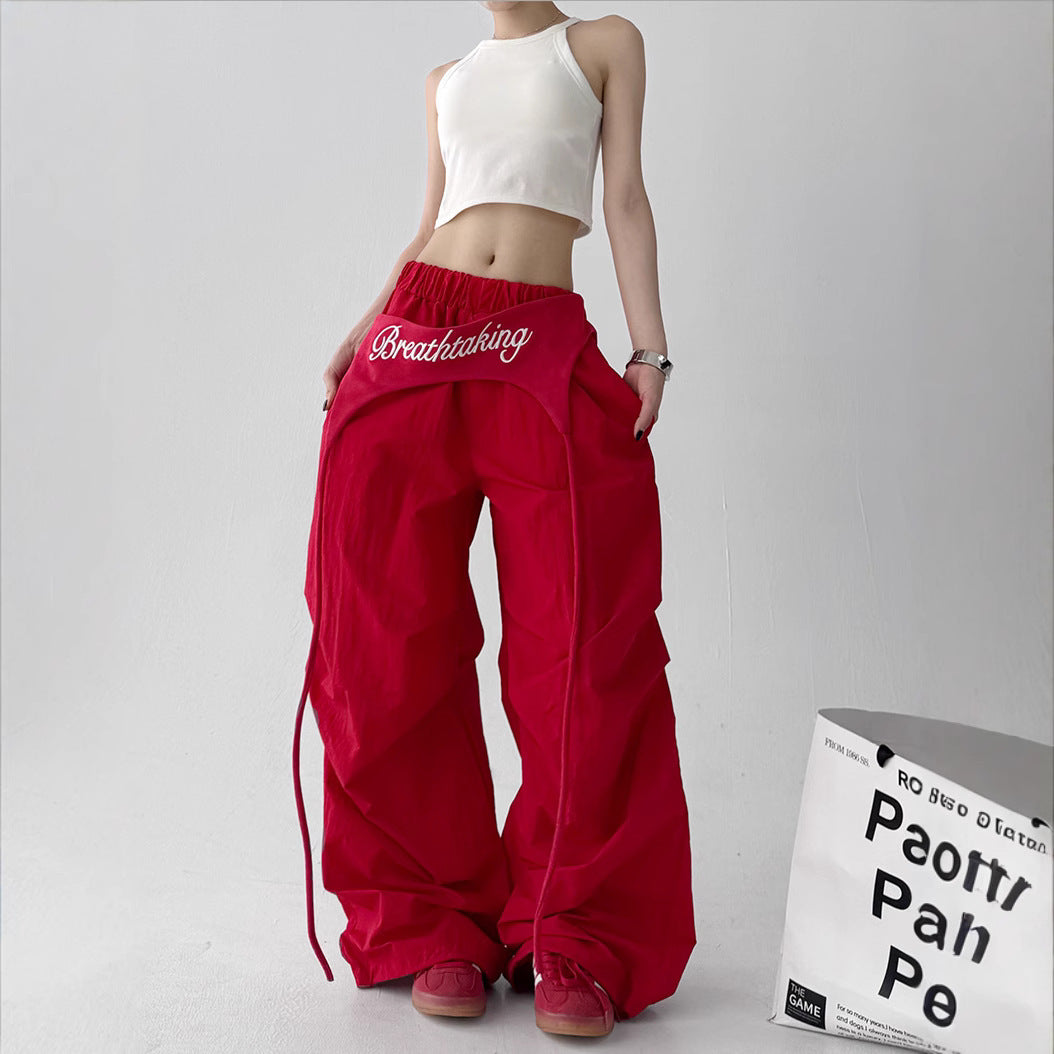 S-2XL ローライズ切り替えドローストリングワイドパンツ